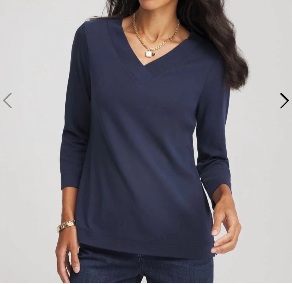 Chico's Size 3 XL Navy Pima Cotton Wide V Tee Top EUC